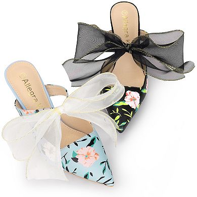 Women's Pointed Toe Lace Bow Floral Printed Stiletto Heels Mules