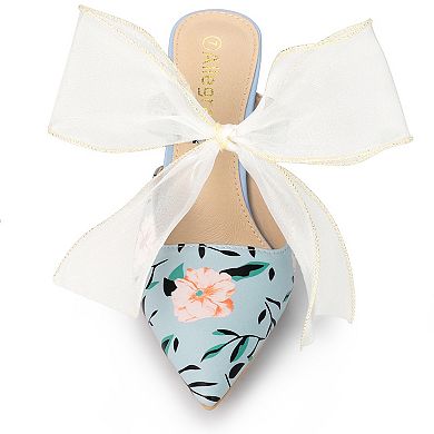 Women's Pointed Toe Lace Bow Floral Printed Stiletto Heels Mules
