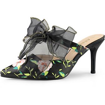 Women's Pointed Toe Lace Bow Floral Printed Stiletto Heels Mules