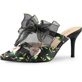 Women's Pointed Toe Lace Bow Floral Printed Stiletto Heels Mules
