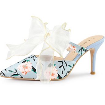 Women's Pointed Toe Lace Bow Floral Printed Stiletto Heels Mules