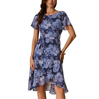 Women's Summer Floral Midi Dress High Low Hem Tie Waist Flowy Chiffon Dresses