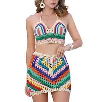 Women's Hollow Out Cami Top Mini Skirt 2 pc Bikini Sets Summer Beach Crochet Knit Sets