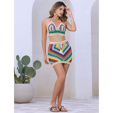 Women's Hollow Out Cami Top Mini Skirt 2 Pieces Bikini Sets Summer Beach Crochet Knit Sets