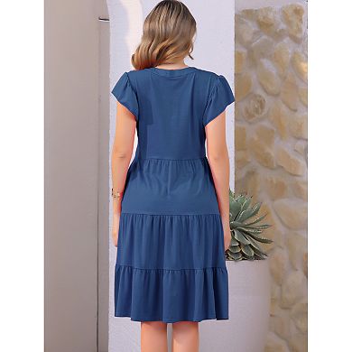 Women's Ruffle Sleeve Summer Sundress Tiered V Neck Midi Dress with Pockets