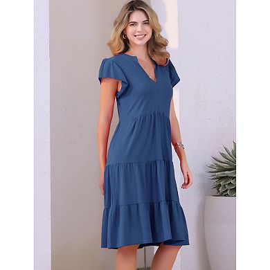 Women's Ruffle Sleeve Summer Sundress Tiered V Neck Midi Dress with Pockets
