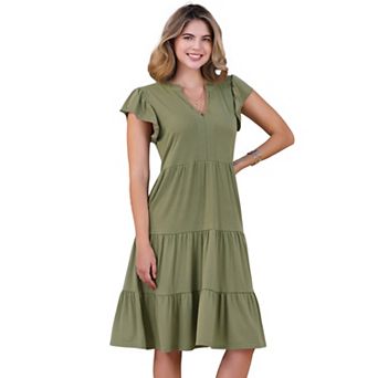 Women's Ruffle Sleeve Summer Sundress Tiered V Neck Midi Dress with Pockets