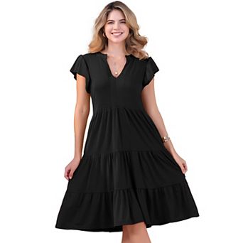 Women's Ruffle Sleeve Summer Sundress Tiered V Neck Midi Dress with Pockets