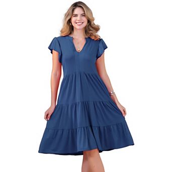 Women's Ruffle Sleeve Summer Sundress Tiered V Neck Midi Dress with Pockets