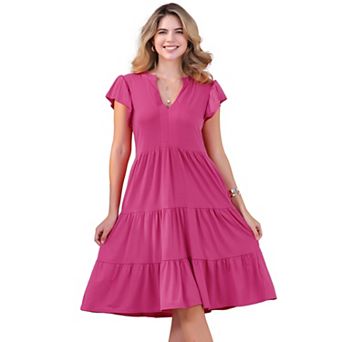 Women's Ruffle Sleeve Summer Sundress Tiered V Neck Midi Dress with Pockets