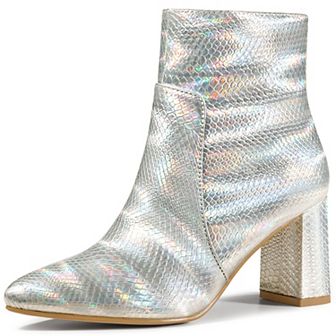 Women's Snakeskin Print Boots Chunky High Heels Ankle Boots