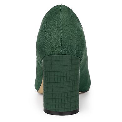 Women's Pointy Toe Slip on Plaid Printing Closed Toe Dress Shoes Chunky Heel Pumps