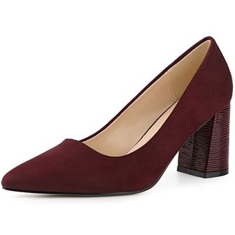 Women's Pointy Toe Slip on Plaid Printing Closed Toe Dress Shoes Chunky Heel Pumps