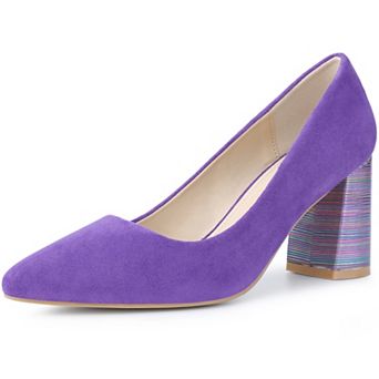 Women's Pointy Toe Slip on Plaid Printing Closed Toe Dress Shoes Chunky Heel Pumps