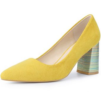 Women's Pointy Toe Slip on Plaid Printing Closed Toe Dress Shoes Chunky Heel Pumps