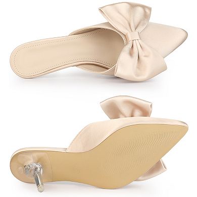 Women's Bowknot Satin Pointed Toe Stiletto Heel Bow Heel Slippers Mule