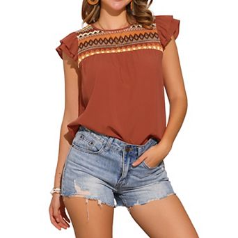 Summer Blouse for Women's Casual Round Neck Cap Sleeve Boho Geometric Printed Top