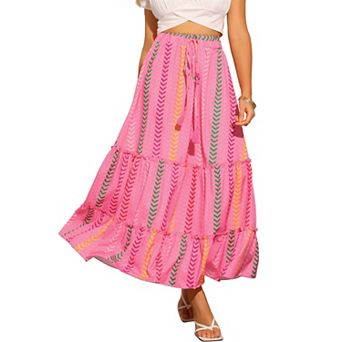 Women's Boho Maxi Skirt Tassels Straps Flowy Pattern Tiered Skirts