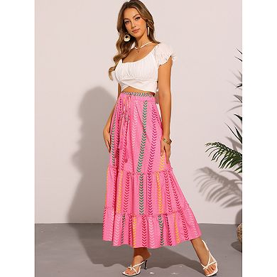 Women's Boho Maxi Skirt Tassels Straps Flowy Pattern Tiered Skirts