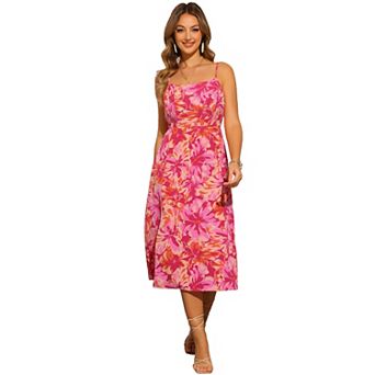 Summer Floral Midi Dress for Women's Casual Spaghetti Strap Smocked Boho Beach Sun Dresses