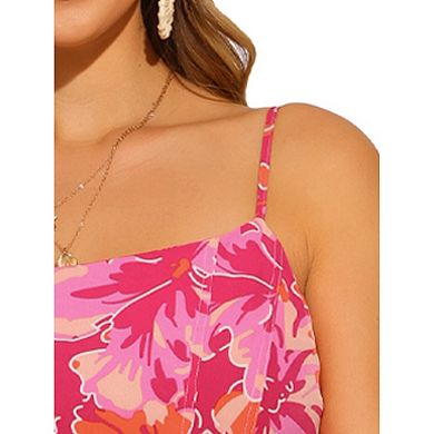 Summer Floral Midi Dress for Women's Casual Spaghetti Strap Smocked Boho Beach Sun Dresses