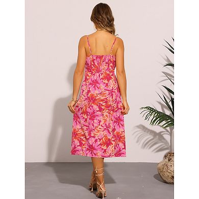 Summer Floral Midi Dress for Women's Casual Spaghetti Strap Smocked Boho Beach Sun Dresses