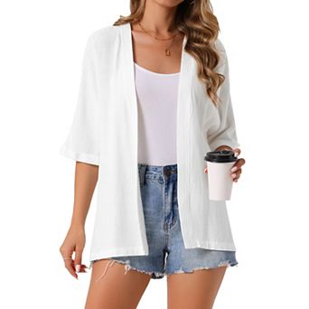 Women's Summer Linen Cardigan Short Sleeve Open Front Loose Cover Ups Lightweight Casual Outfits