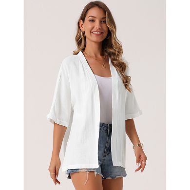 Women's Summer Linen Cardigan Short Sleeve Open Front Loose Cover Ups Lightweight Casual Outfits