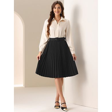 Women's Pleated Skirt Elastic High Waist Belt Casual Midi Skirts