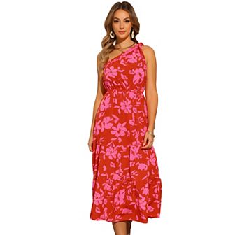 Floral Midi Dress for Women's One Shoulder Sleeveless Boho Sun Dresses