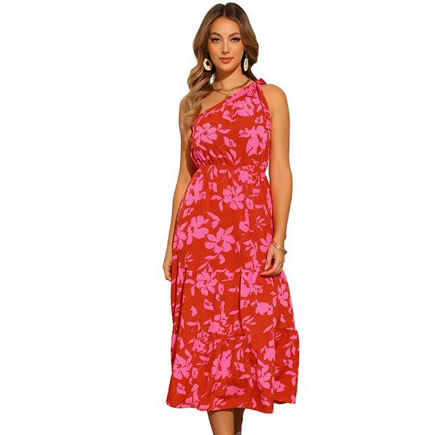 Floral Midi Dress for Women's One Shoulder Sleeveless Boho Sun Dresses