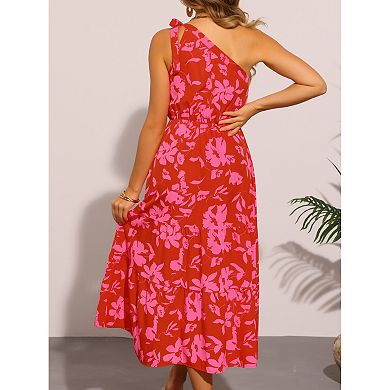 Floral Midi Dress for Women's One Shoulder Sleeveless Boho Sun Dresses