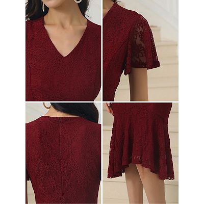 Womens' Lace Floral Dresses Fishtail Formal Cocktail Short Sleeve Midi Dress