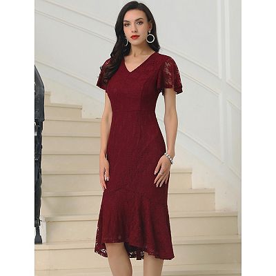fitted lace wedding dress Mesh-Panel Fishtail Midi Dress in Red – CHICIDA