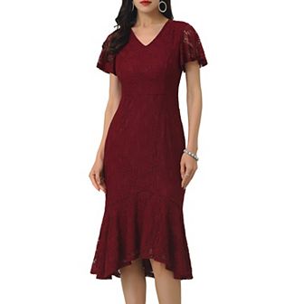 Womens' Lace Floral Dresses Fishtail Formal Cocktail Short Sleeve Midi Dress
