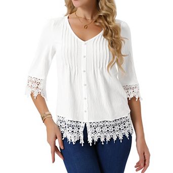 Women's Casual Top V Neck 3/4 Sleeve Hallow Out Solid Tunic Blouse Loose Summer T-Shirt