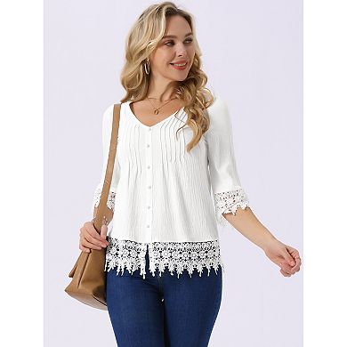 Women's Casual Top V Neck 3/4 Sleeve Hallow Out Solid Tunic Blouse Loose Summer T-Shirt