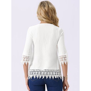 Women's Casual Top V Neck 3/4 Sleeve Hallow Out Solid Tunic Blouse Loose Summer T-Shirt