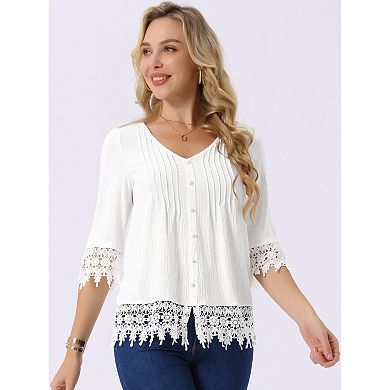 Women's Casual Top V Neck 3/4 Sleeve Hallow Out Solid Tunic Blouse Loose Summer T-Shirt