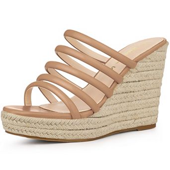 Women's Platform Strappy Slides Wedge Espadrille Wedges Nude Sandals