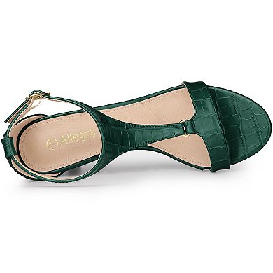 Women's t Strap Embossed Kitten Heel Sandals