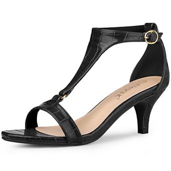 Women's t Strap Embossed Kitten Heel Sandals