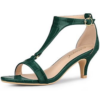 Women's t Strap Embossed Kitten Heel Sandals