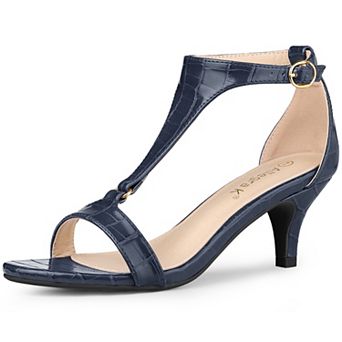 Women's t Strap Embossed Kitten Heel Sandals
