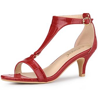 Women's t Strap Embossed Kitten Heel Sandals