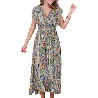Women's Ruffle Short Sleeve V Neck Dress Elastic Waist Boho Flowy Smocked Casual Long Dress