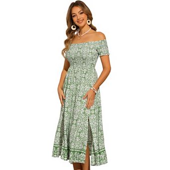 Floral Dresses for Women's Off Shoulder Smock Midi Dress