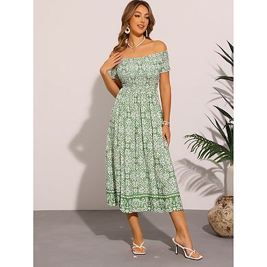 Floral Dresses for Women's Off Shoulder Smock Midi Dress