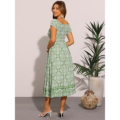 Floral Dresses for Women's Off Shoulder Smock Midi Dress