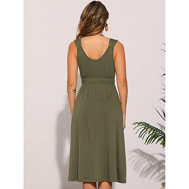 Women's Summer V Neck Wide Strap Sleeveless A-Line Casual Midi Dress